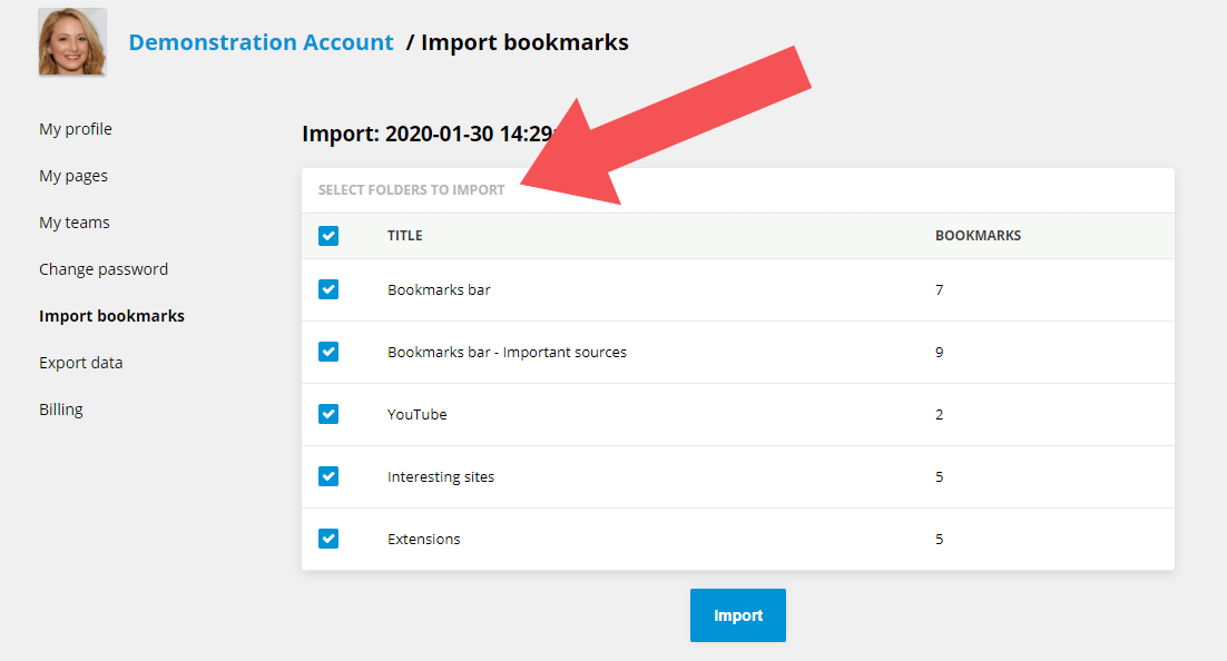 Importing bookmarks - select folders!