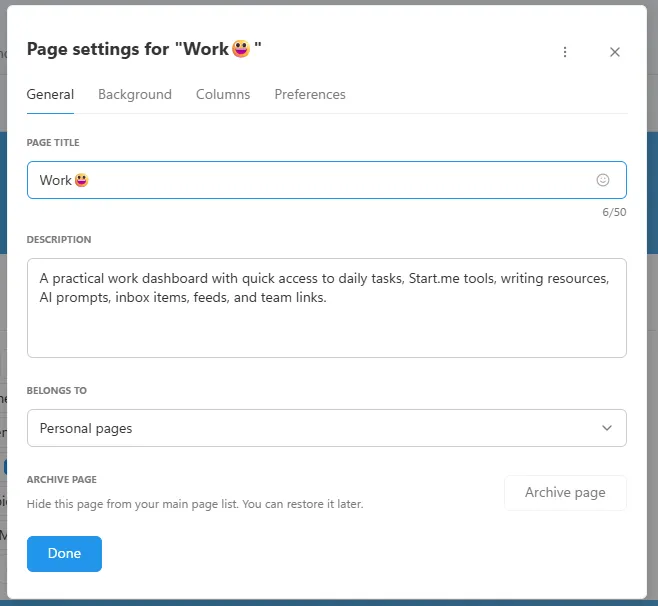 Example of the Page settings modal, General tab. 